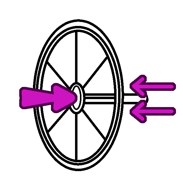 A black and white drawing of a wheelchair wheel, with an arrow pressing on the axle and arrows behind it indicating removal.